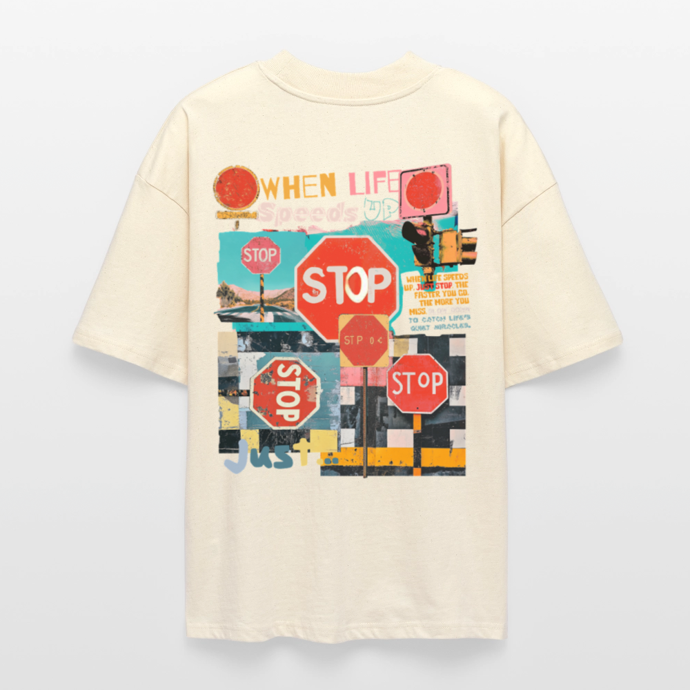 Solvarion, Stopp, 1st | Blaster, Oversize Bio T-Shirt, Unisex - Weißgrau
