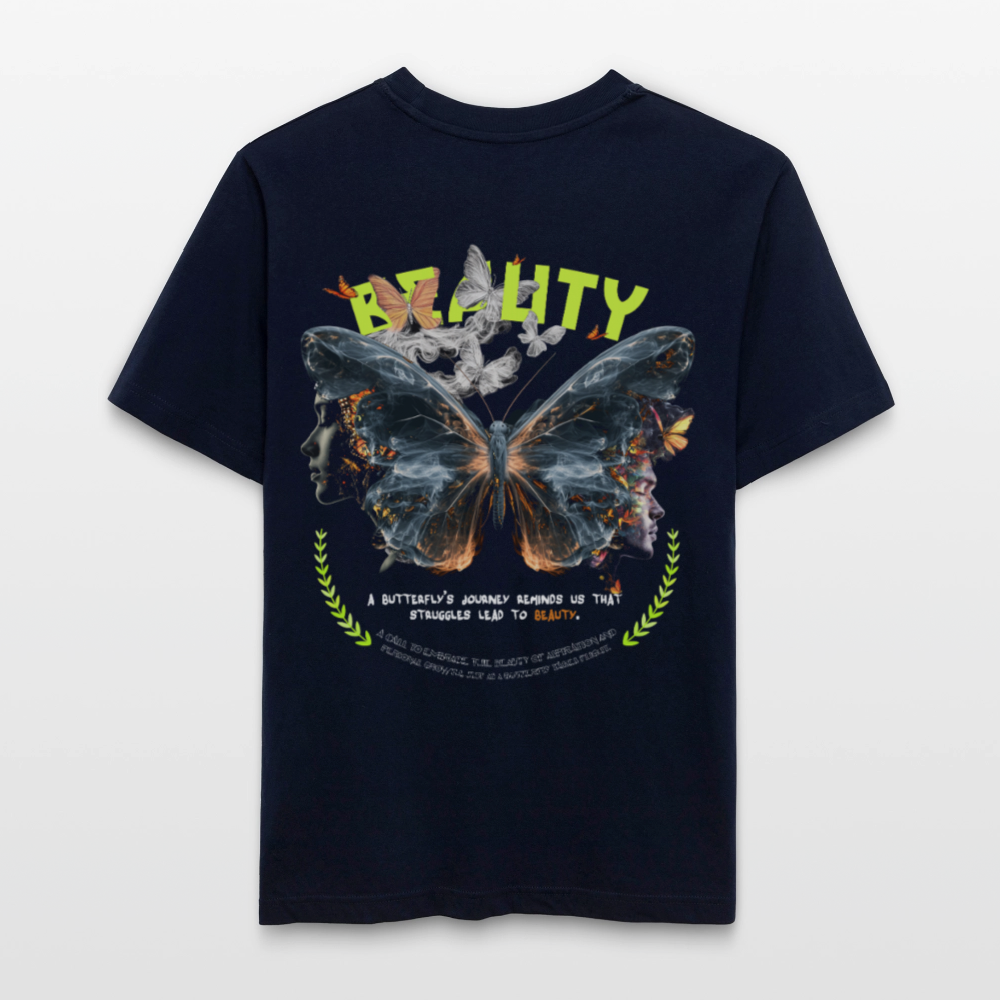Harith, Schmetterling, 1st | Essential, Relaxed Fit Unisex Bio T-Shirt - Navy