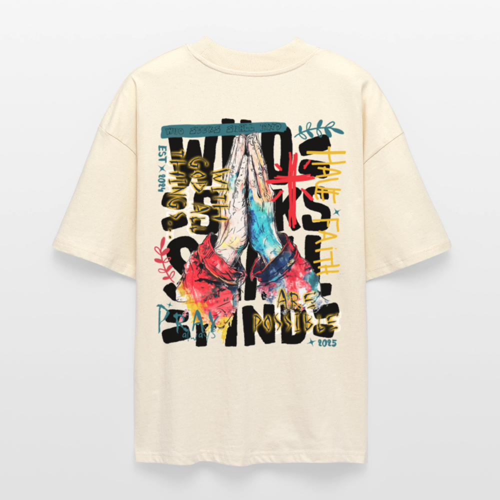 Therondir, Beten, 1st | Blaster, Oversize Bio T-Shirt, Unisex - Weißgrau