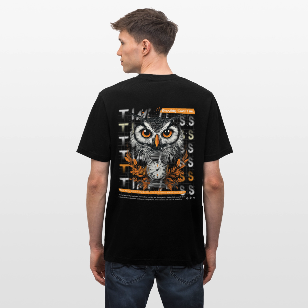 Marid, Eule, 1st | Essential, Relaxed Fit Unisex Bio T-Shirt - Schwarz