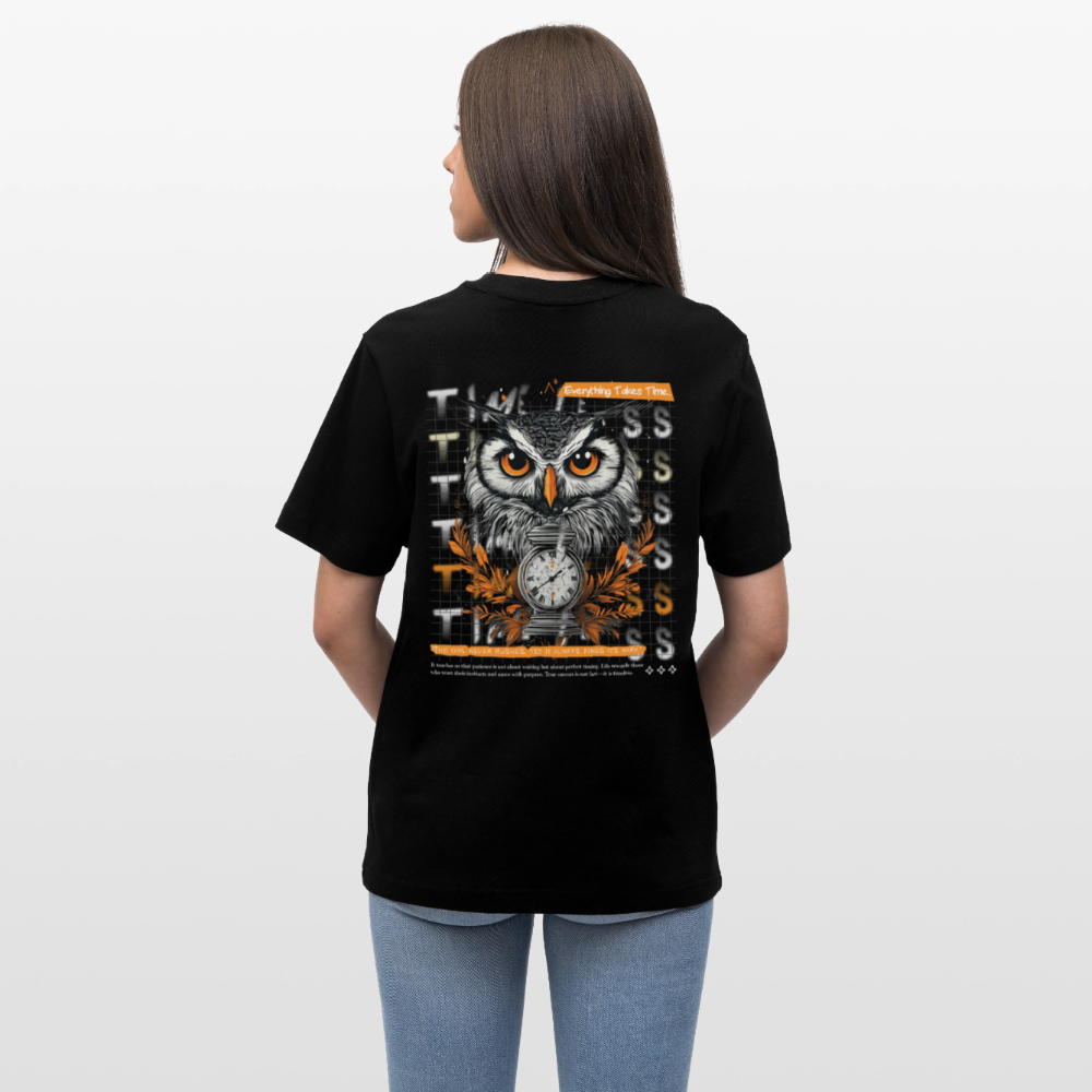 Marid, Eule, 1st | Essential, Relaxed Fit Unisex Bio T-Shirt - Schwarz