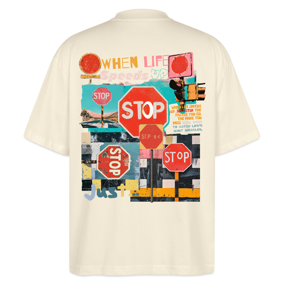Solvarion, Stopp, 1st | Blaster, Oversize Bio T-Shirt, Unisex - Weißgrau