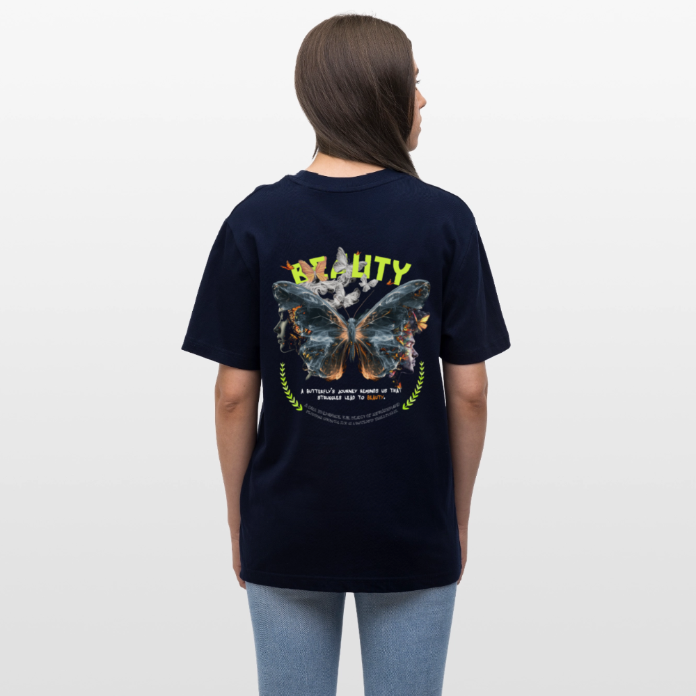 Harith, Schmetterling, 1st | Essential, Relaxed Fit Unisex Bio T-Shirt - Navy