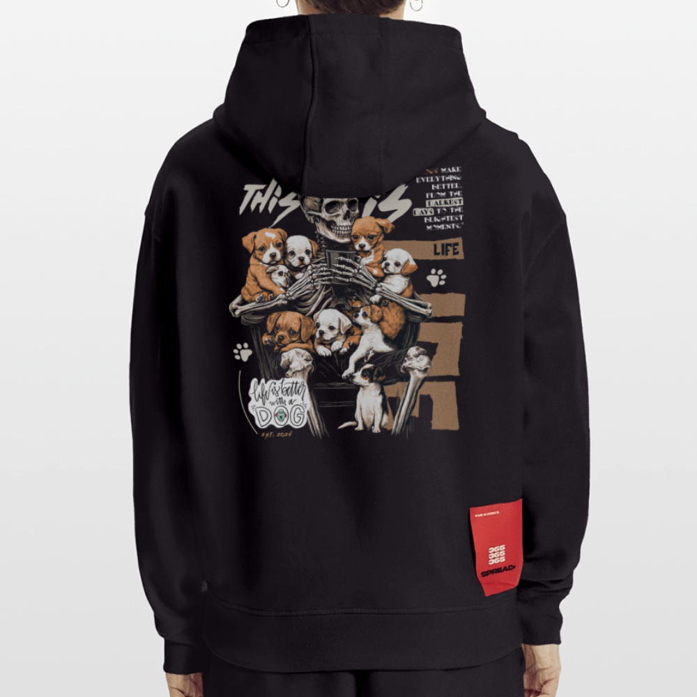 Tezcatlipoca , Hunde & Skelet, 1st | Heavyweight Oversized Bio Hoodie, Unisex - SOLID BLACK