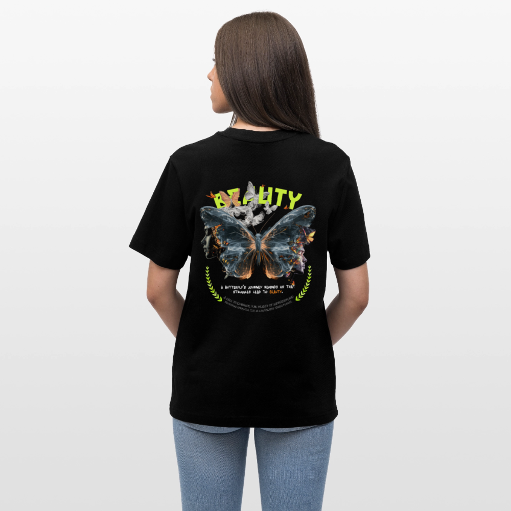 Harith, Schmetterling, 1st | Essential, Relaxed Fit Unisex Bio T-Shirt - Schwarz